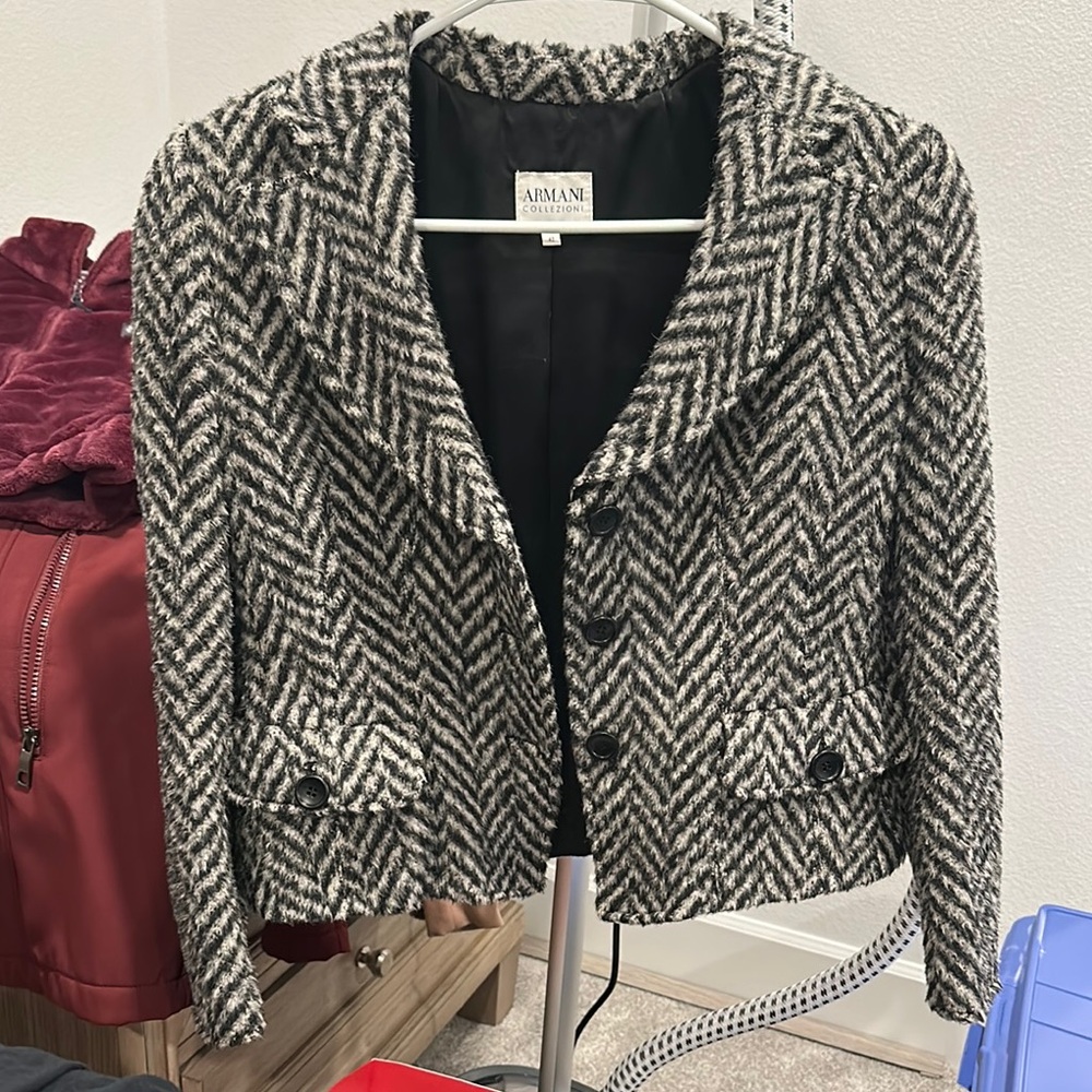 Armani Collezioni Black and White Herringbone Cropped Blazer